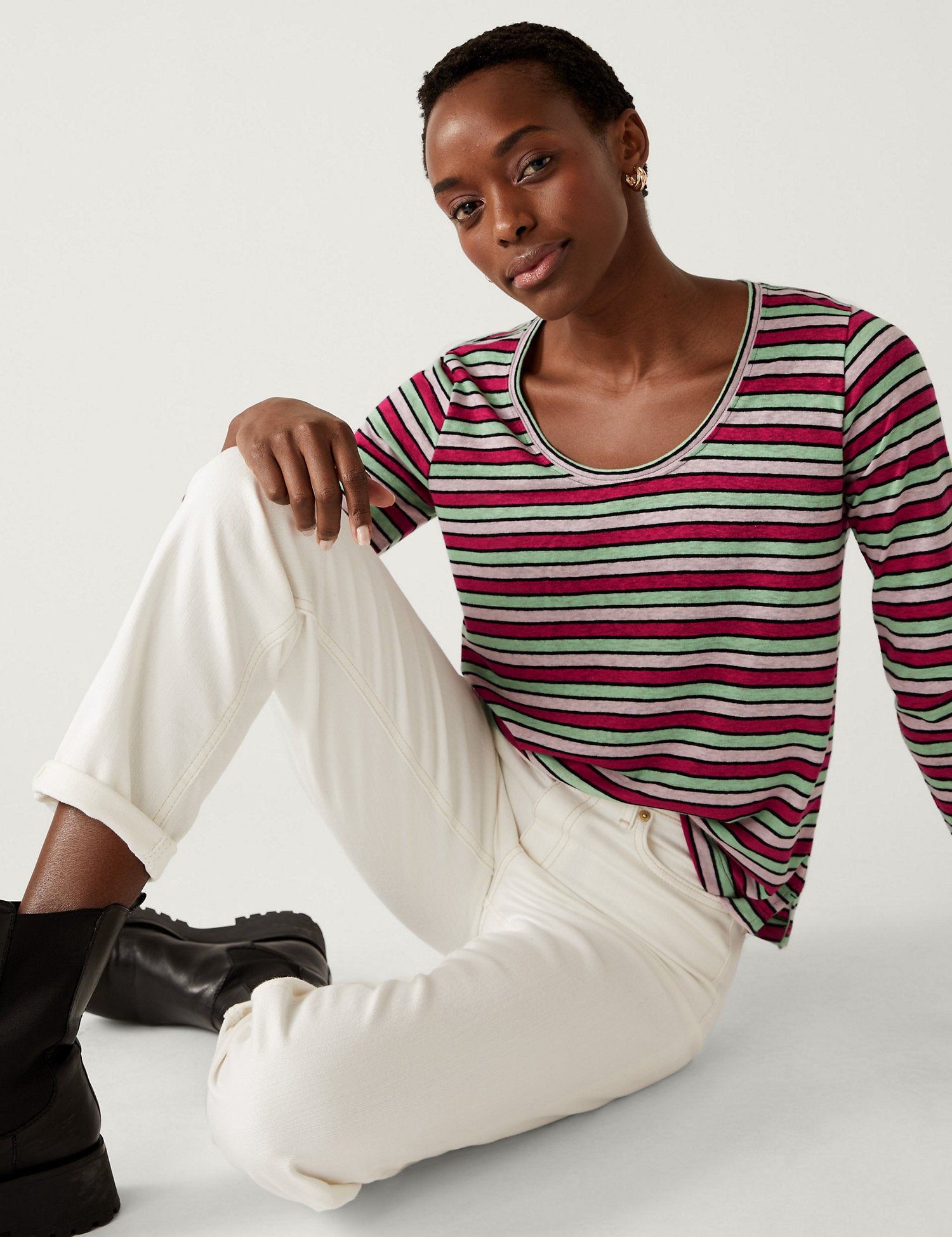 Linen Blend Striped Scoop Neck Top