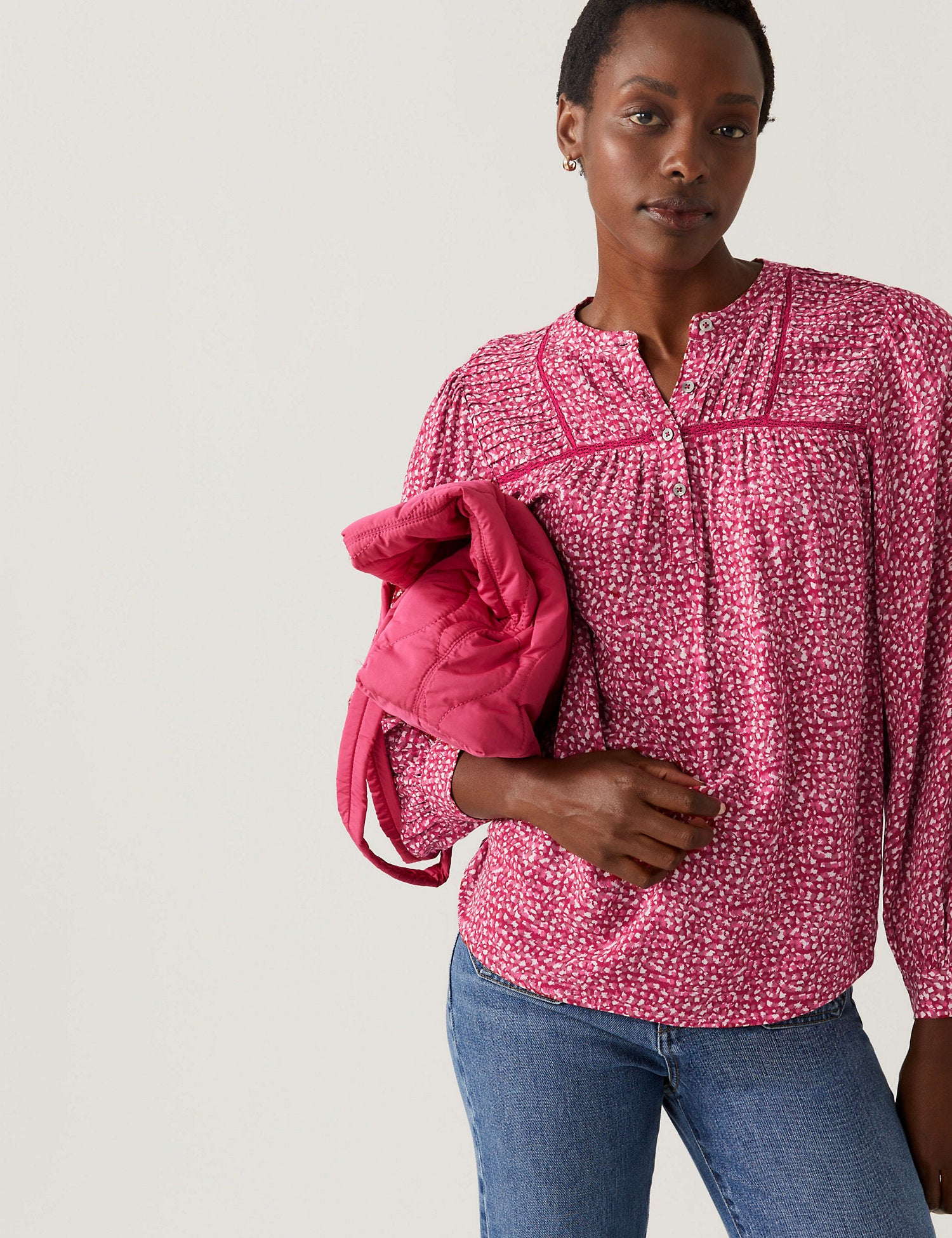 Printed Round Neck Long Sleeve Blouse