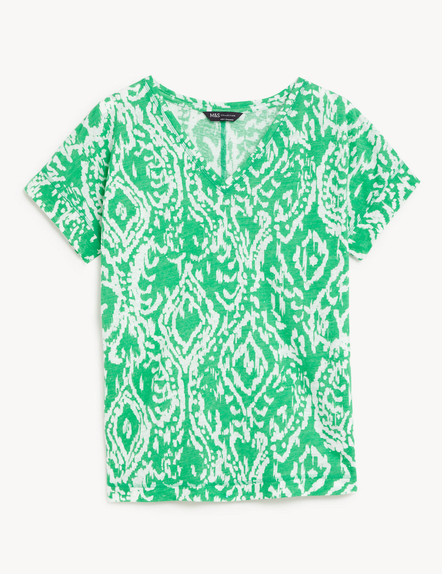 Linen Rich Printed V-Neck T-Shirt