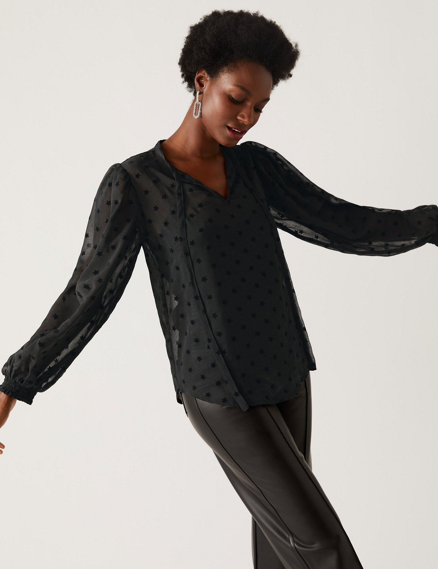 Sheer Textured Star Print Tie Neck Blouse