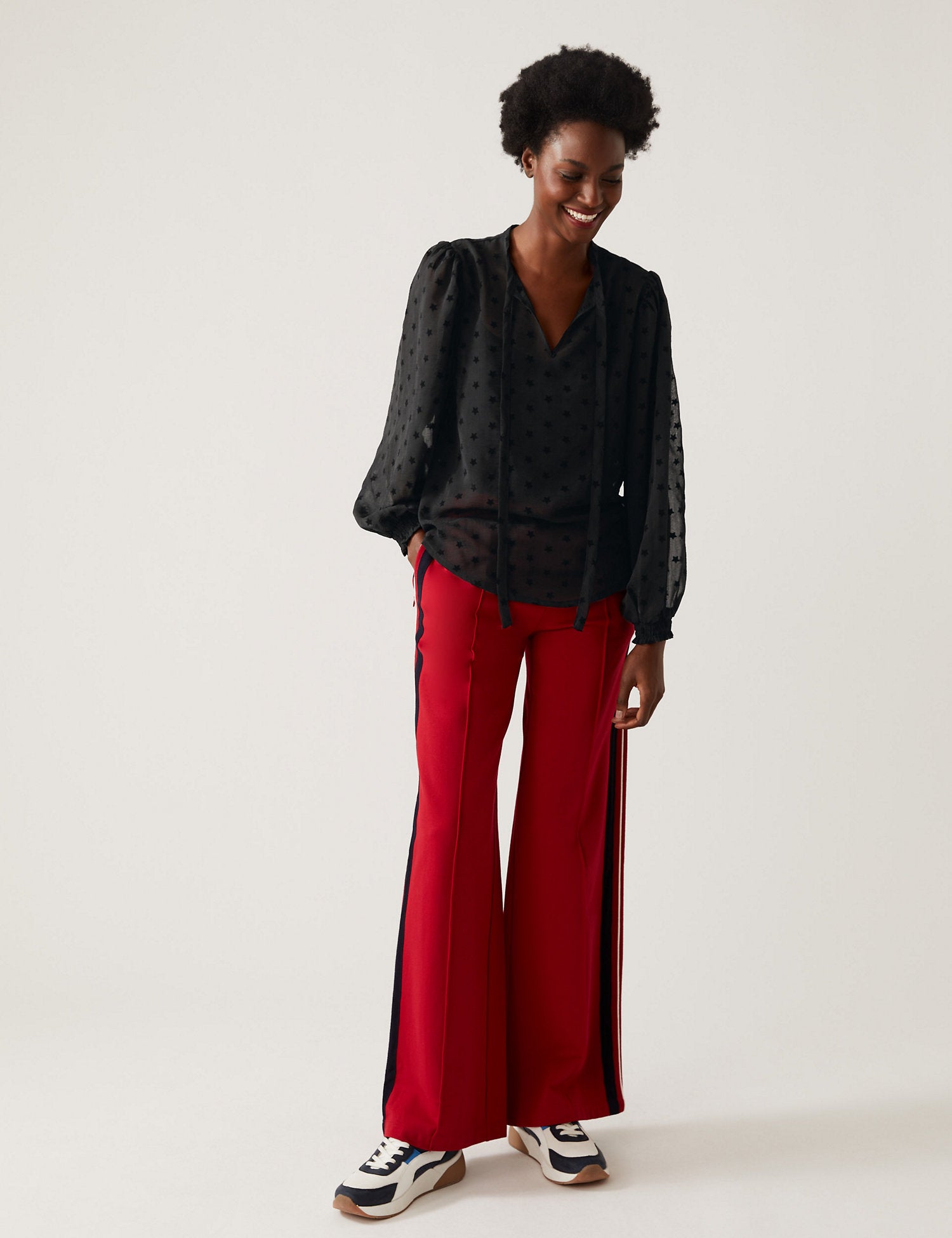 Sheer Textured Star Print Tie Neck Blouse