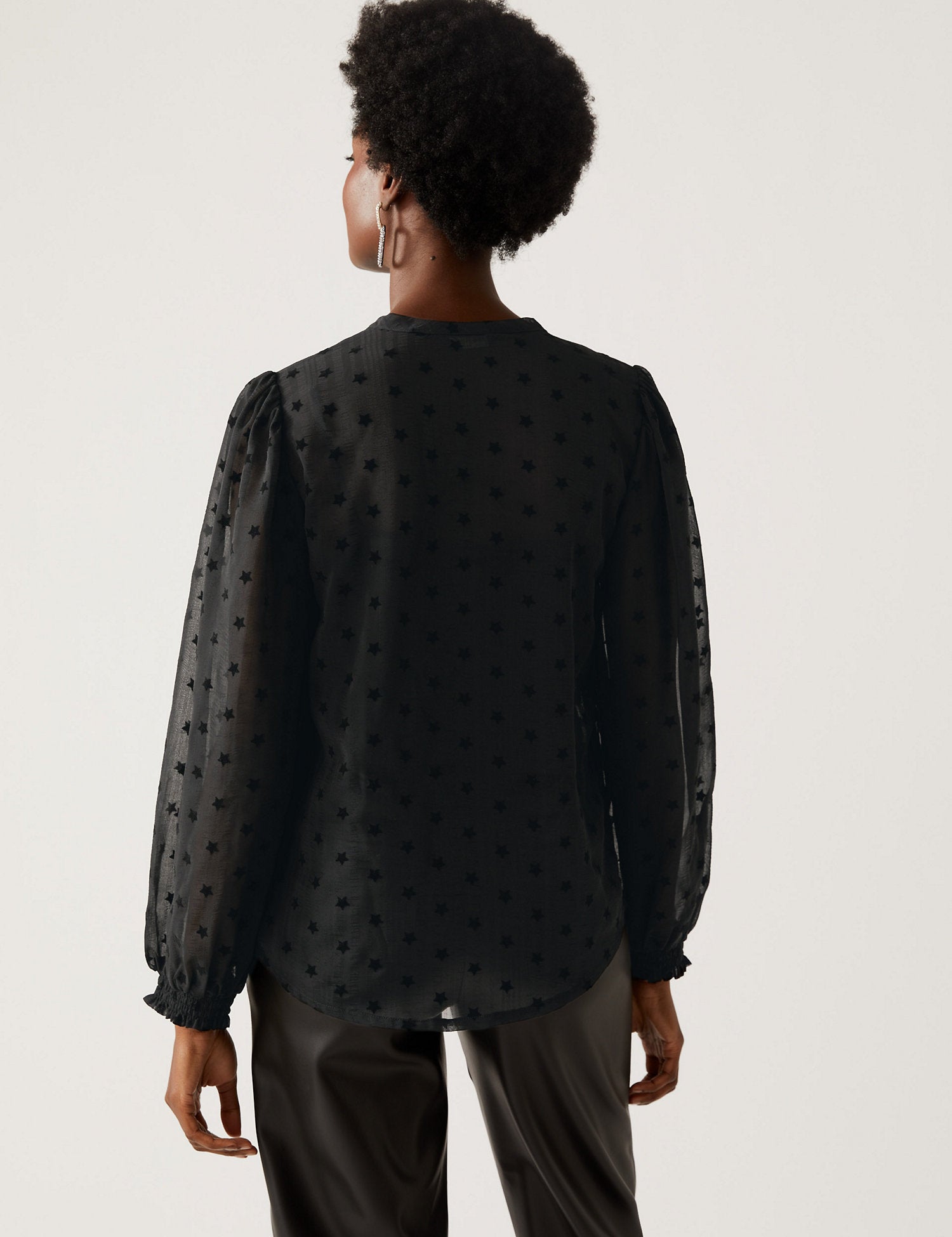 Sheer Textured Star Print Tie Neck Blouse