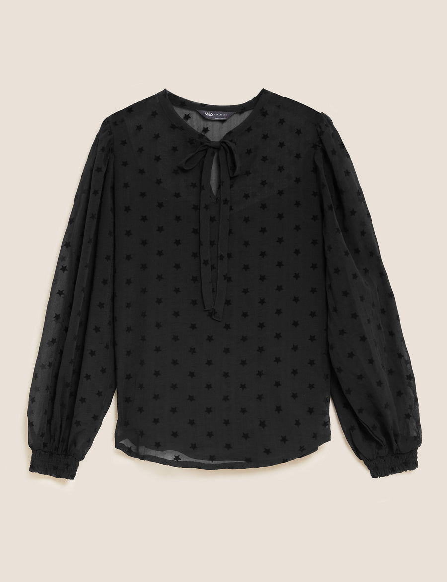 Sheer Textured Star Print Tie Neck Blouse
