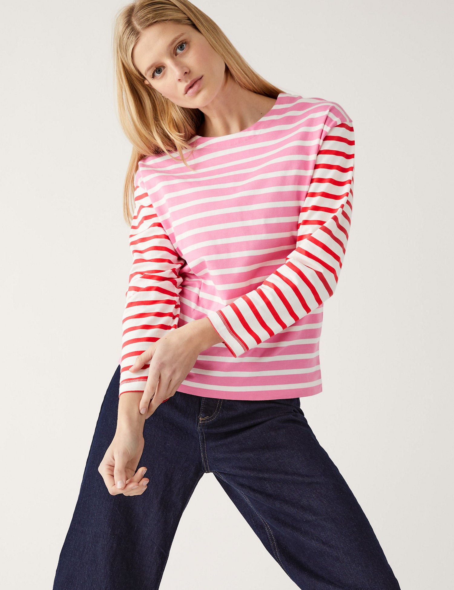 Pure Cotton Striped Crew Neck Top
