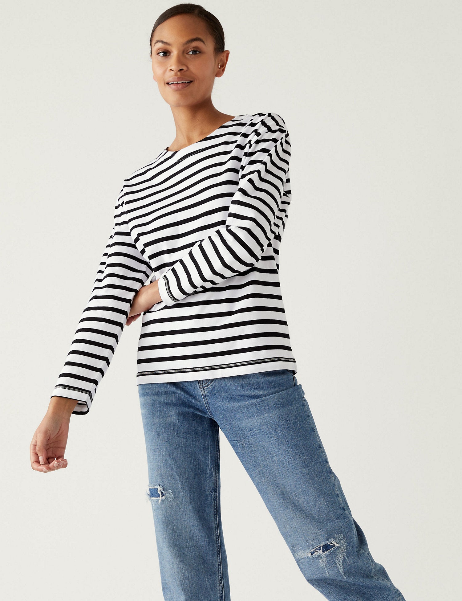 Pure Cotton Striped Crew Neck Top