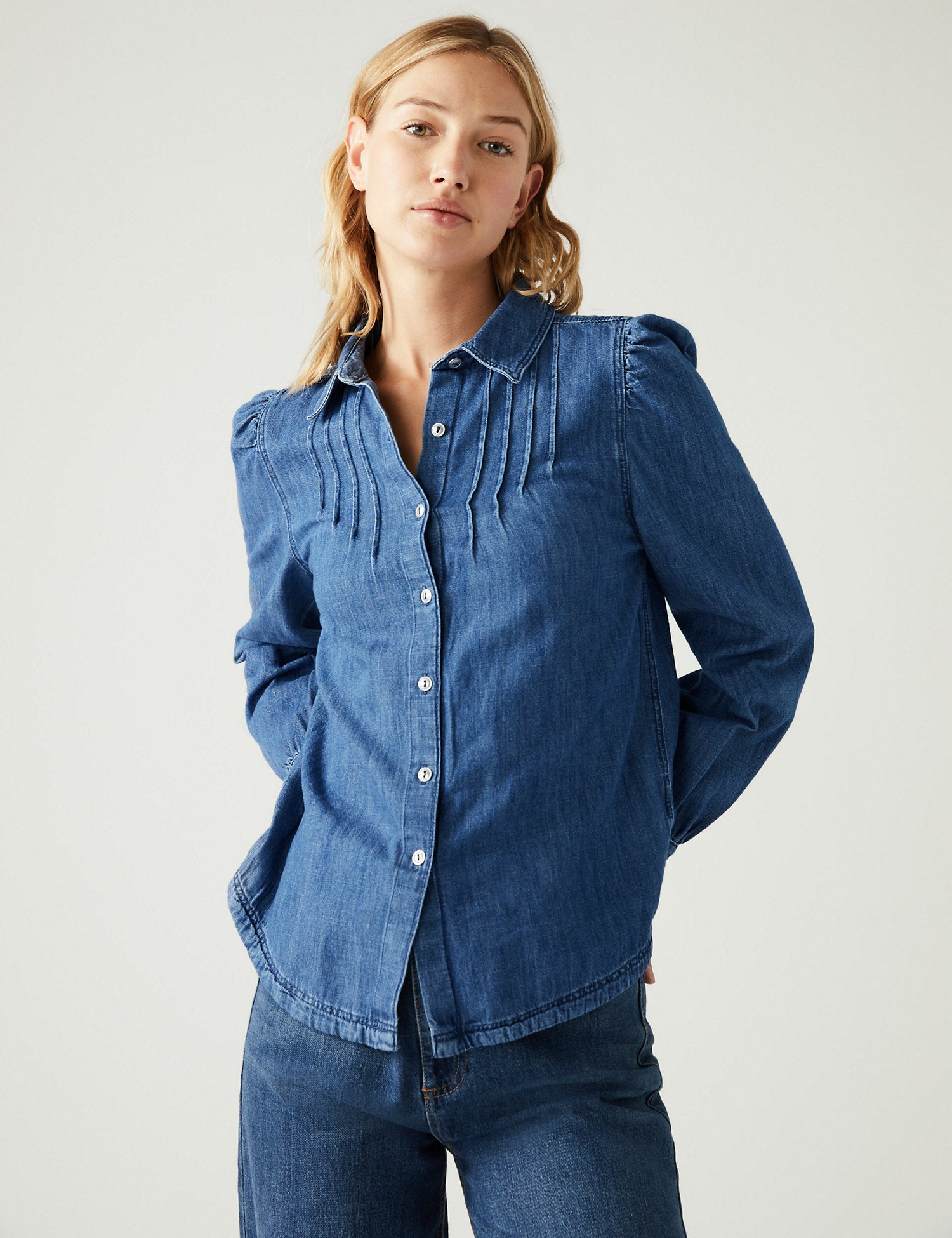 Denim Collared Pintuck Shirt