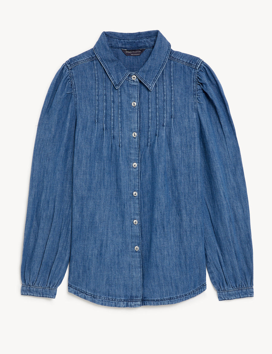 Denim Collared Pintuck Shirt