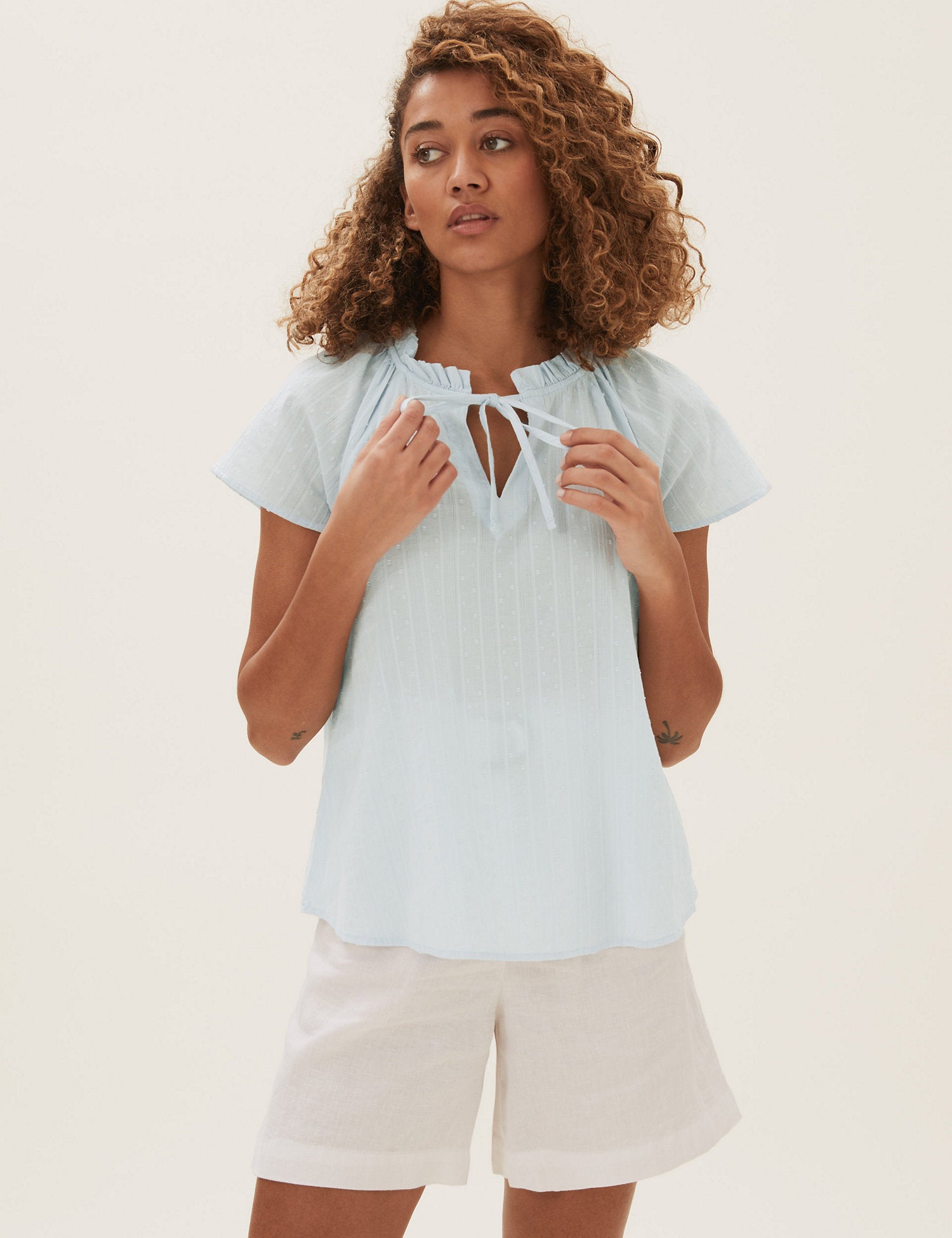 Pure Cotton Tie Neck Short Sleeve Blouse