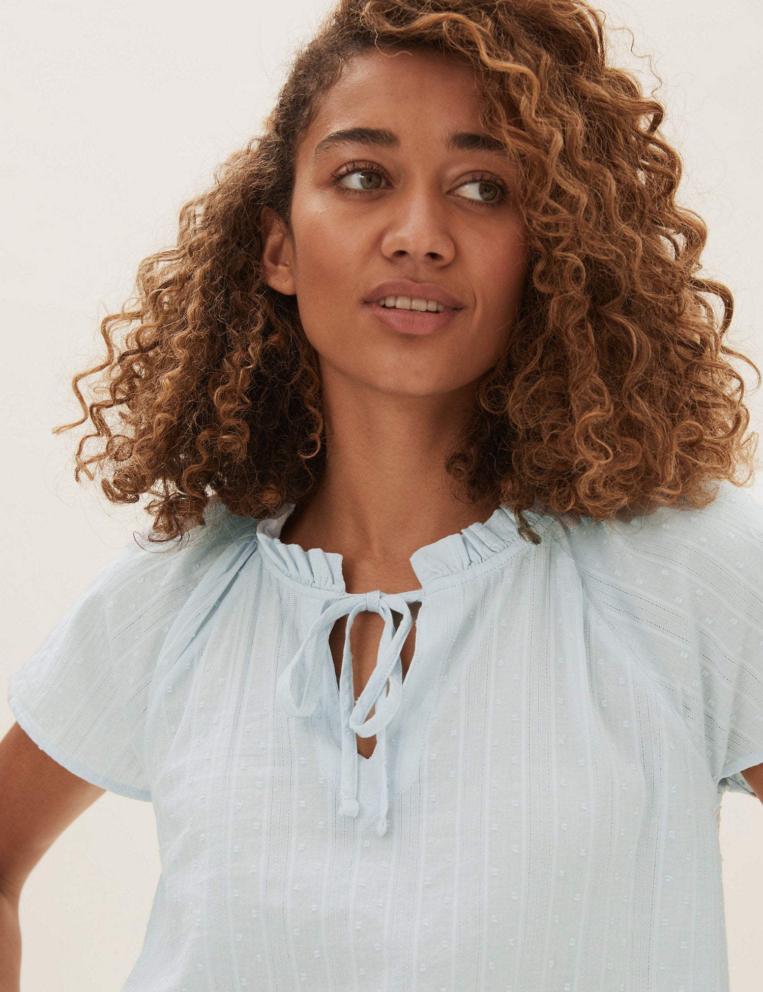 Pure Cotton Tie Neck Short Sleeve Blouse