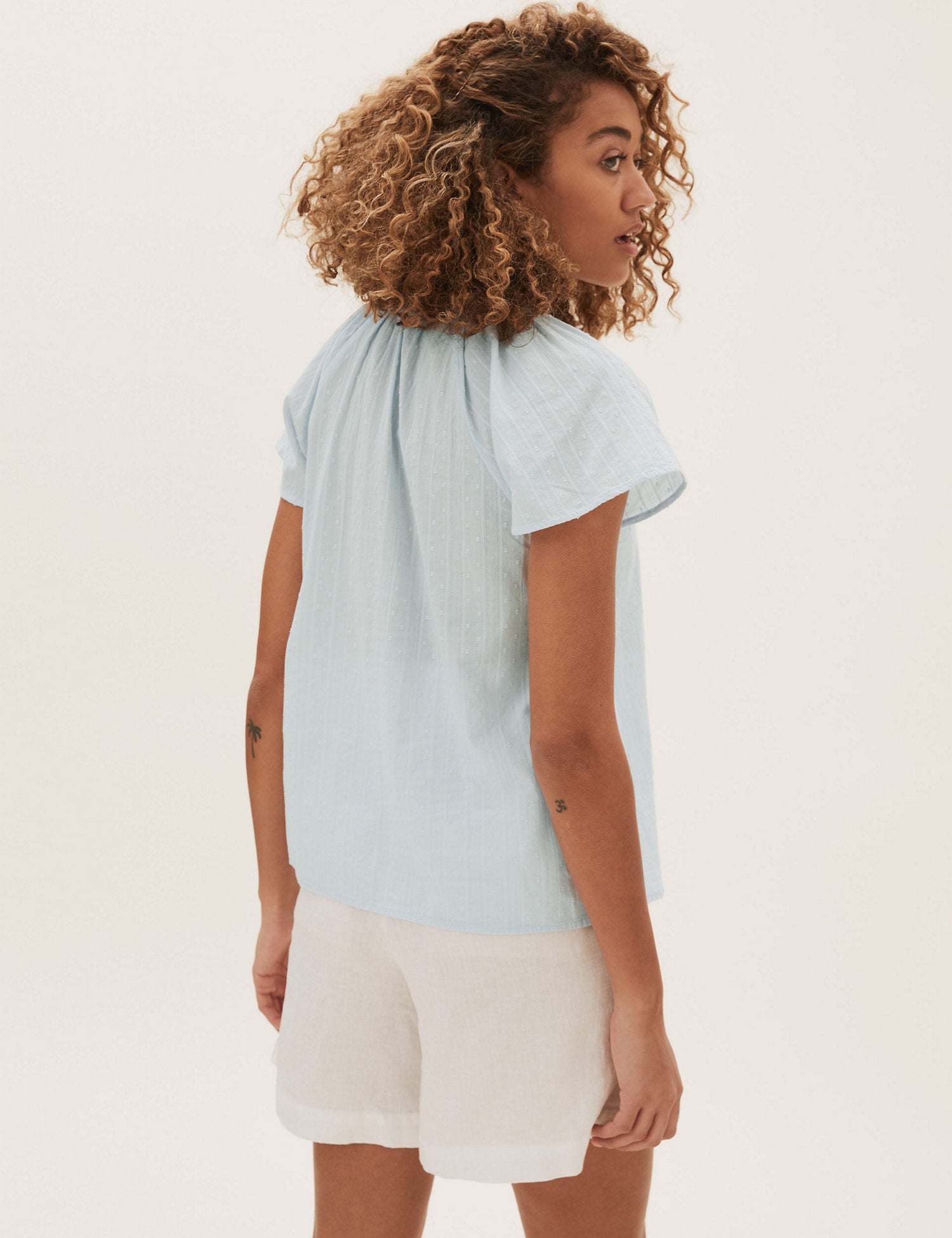 Pure Cotton Tie Neck Short Sleeve Blouse