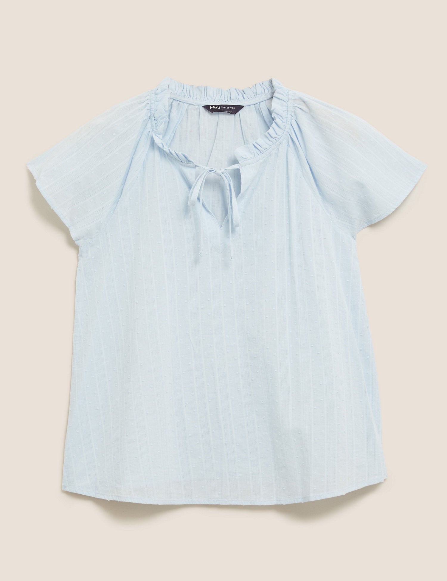Pure Cotton Tie Neck Short Sleeve Blouse