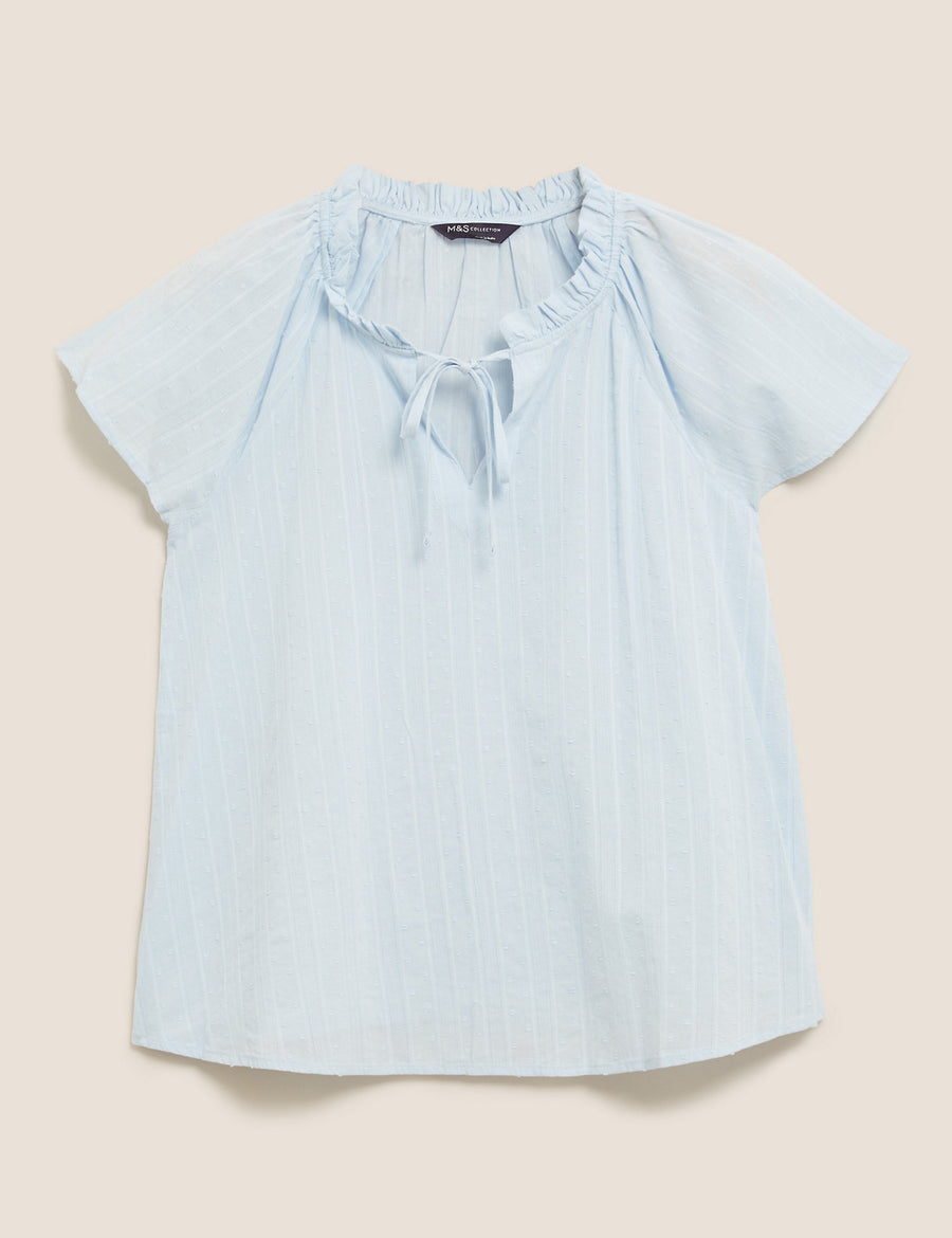 Pure Cotton Tie Neck Short Sleeve Blouse