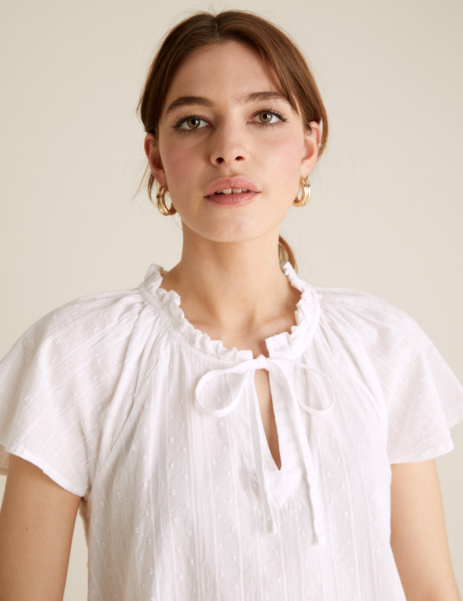 Pure Cotton Tie Neck Short Sleeve Blouse