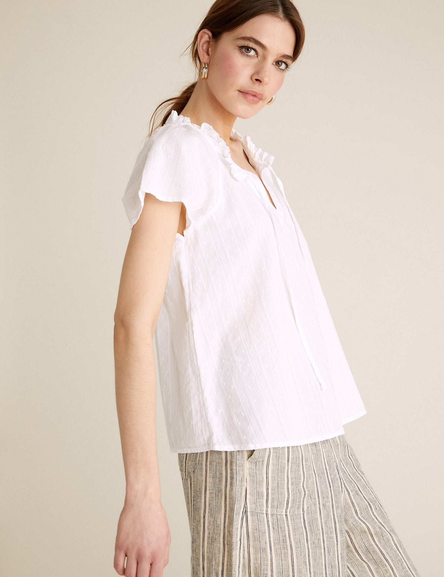 Pure Cotton Tie Neck Short Sleeve Blouse