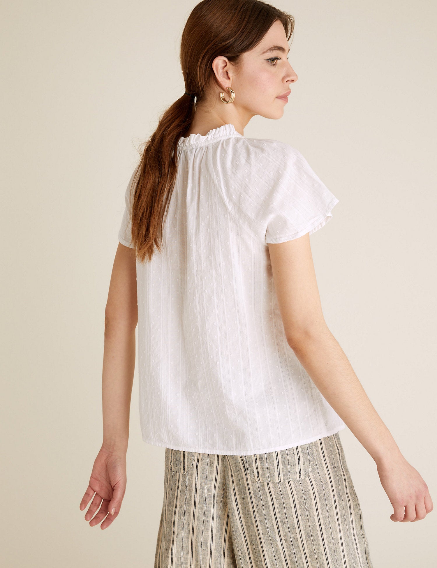 Pure Cotton Tie Neck Short Sleeve Blouse