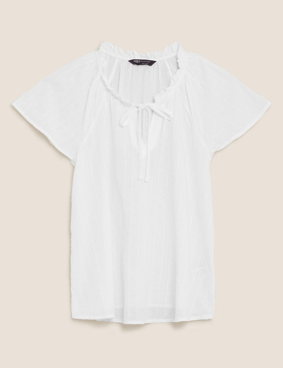 Pure Cotton Tie Neck Short Sleeve Blouse