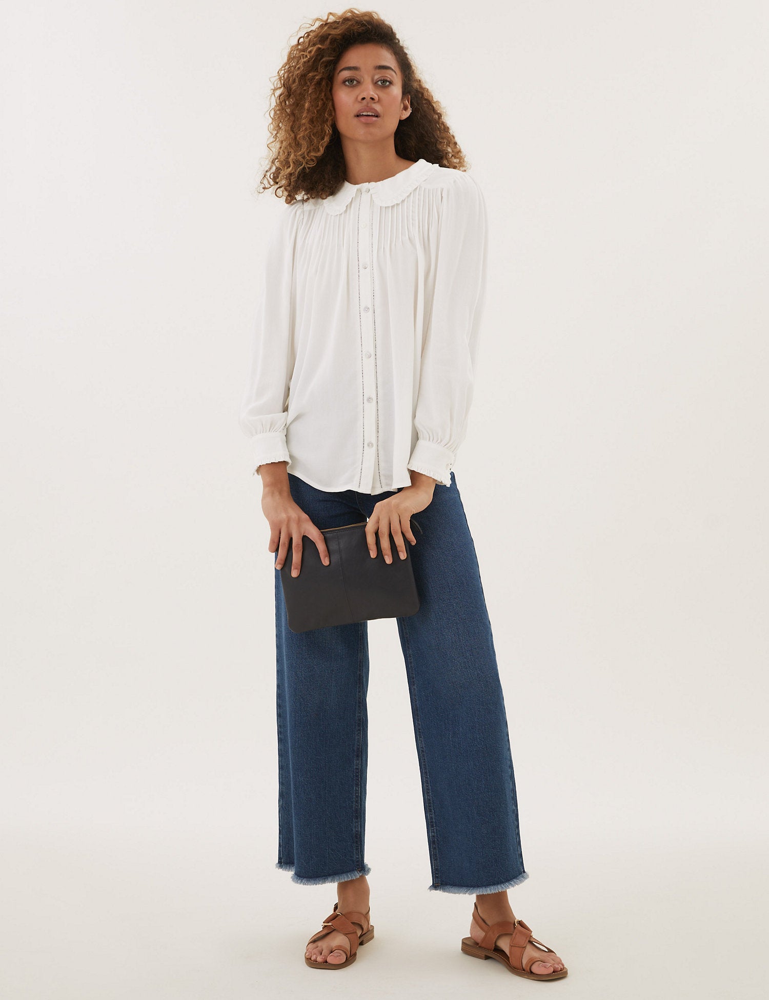 Crepe Peter Pan Collar Pintuck Shirt