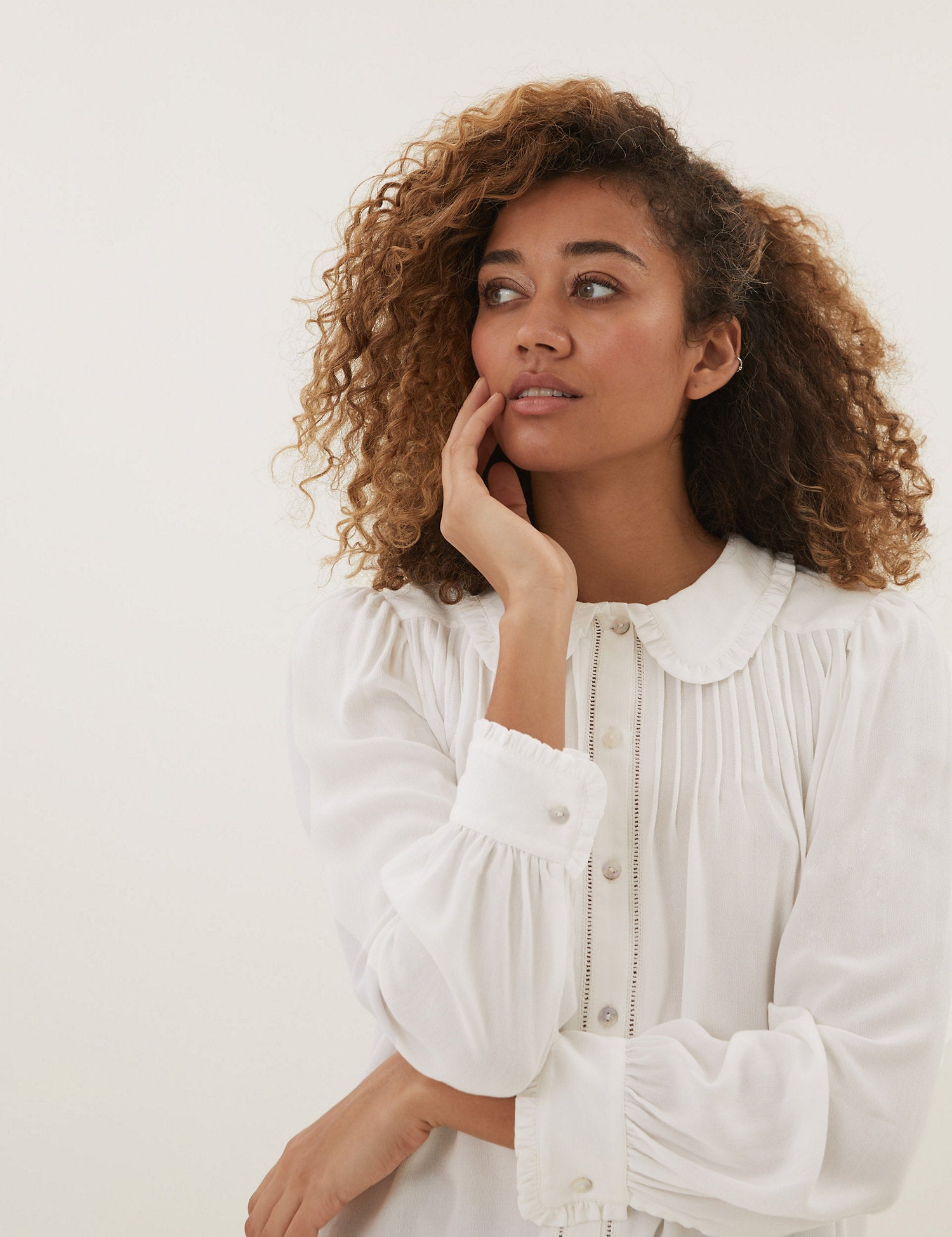 Crepe Peter Pan Collar Pintuck Shirt