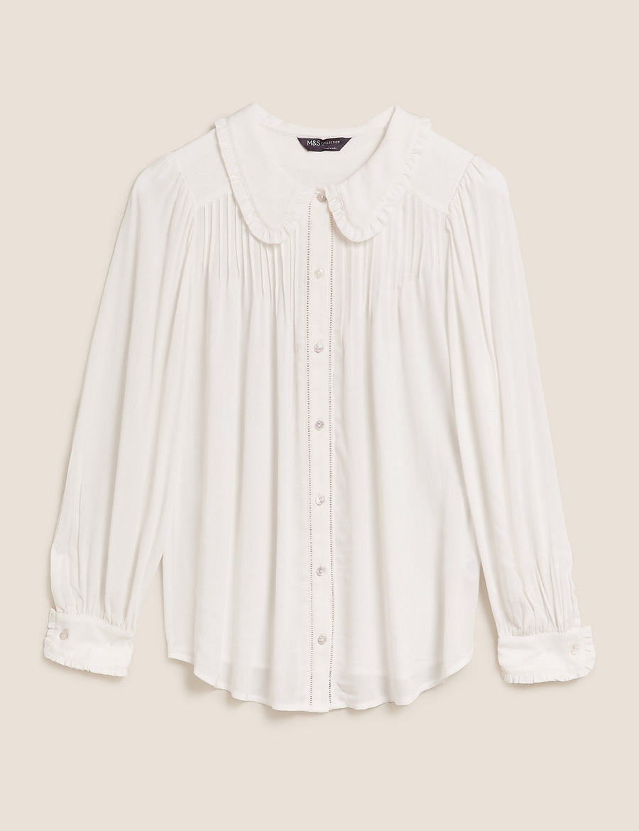 Crepe Peter Pan Collar Pintuck Shirt