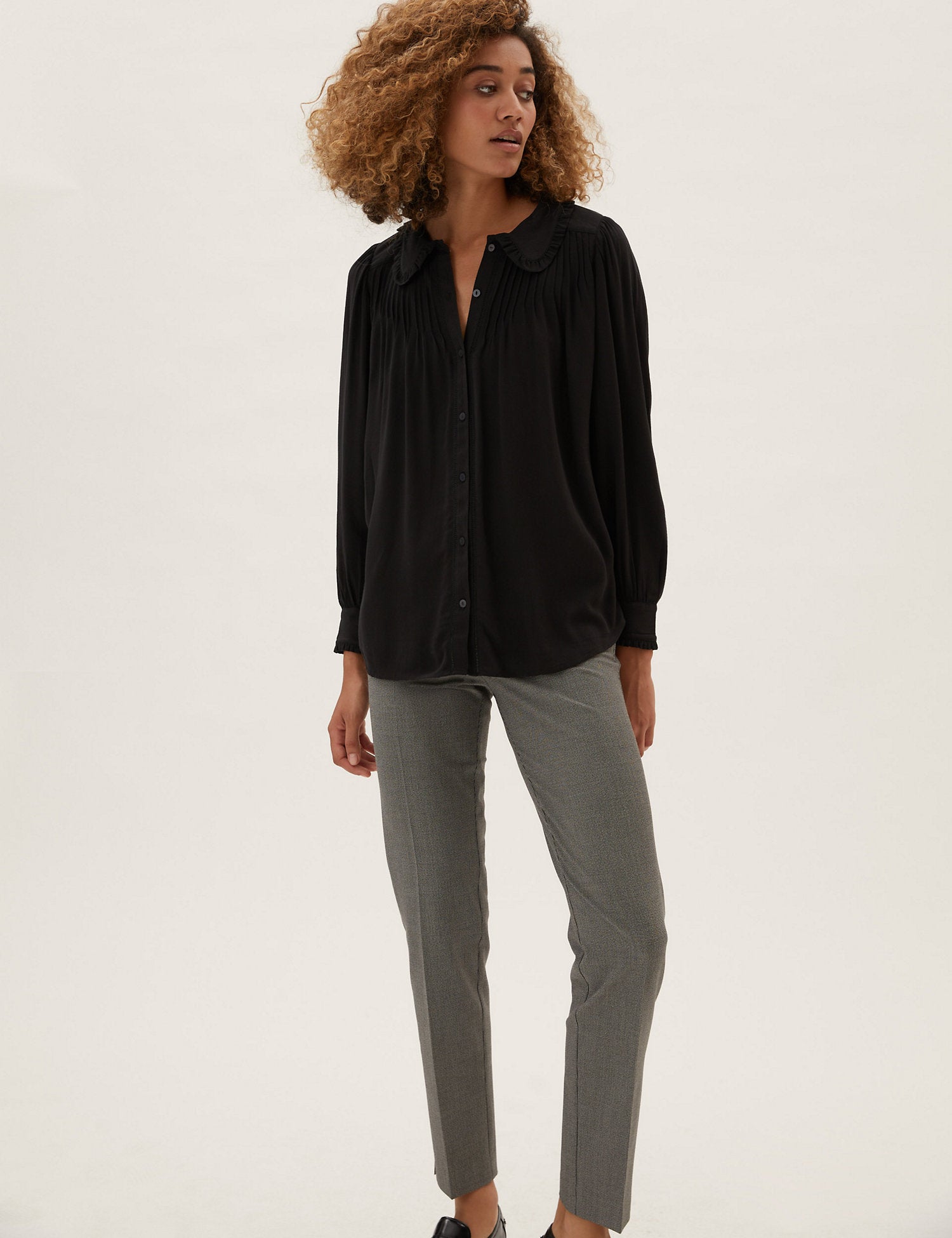 Crepe Peter Pan Collar Pintuck Shirt