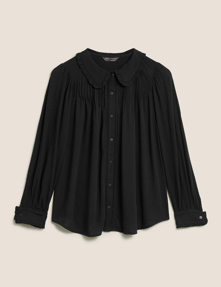 Crepe Peter Pan Collar Pintuck Shirt