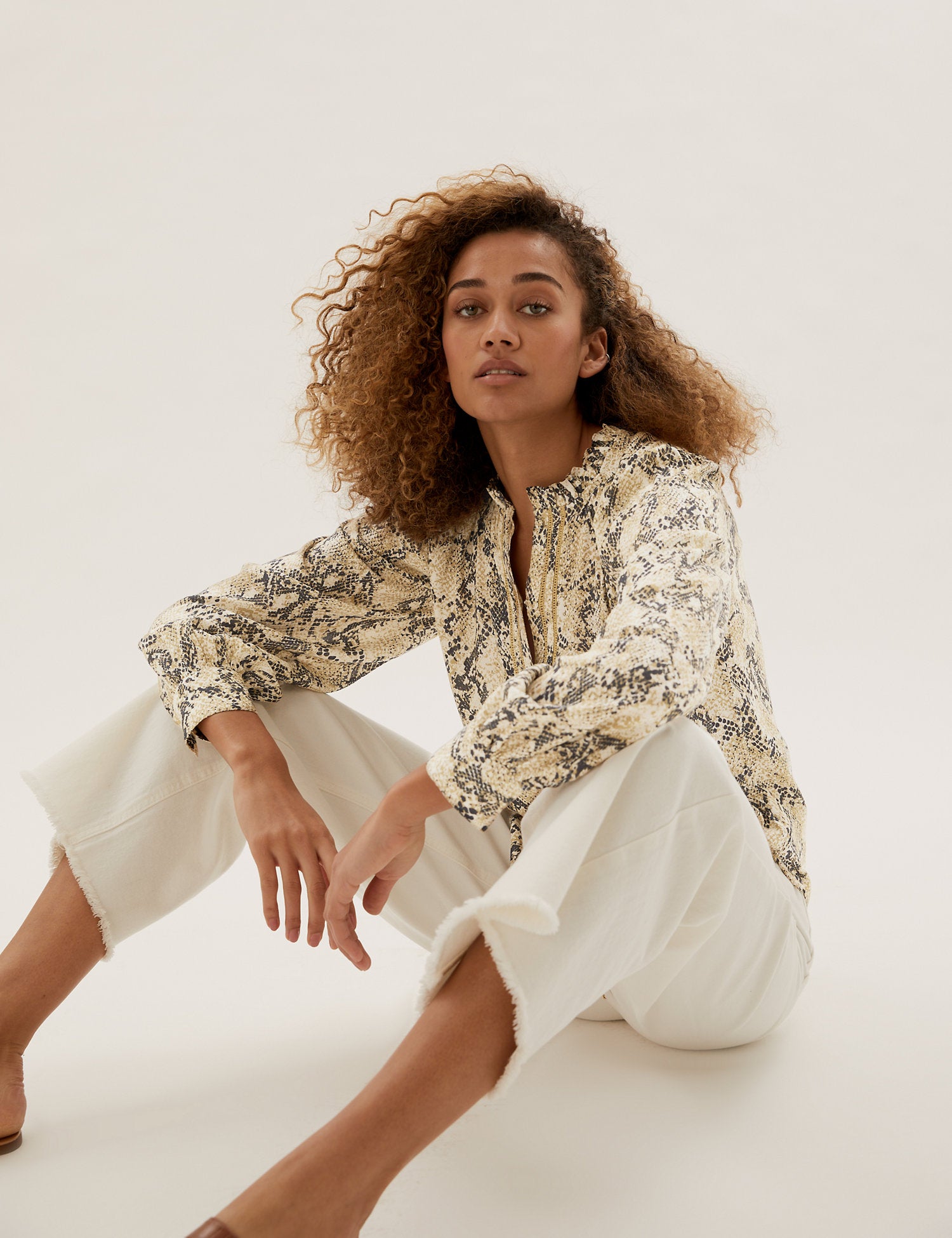 Printed Frill Neck Long Sleeve Blouse