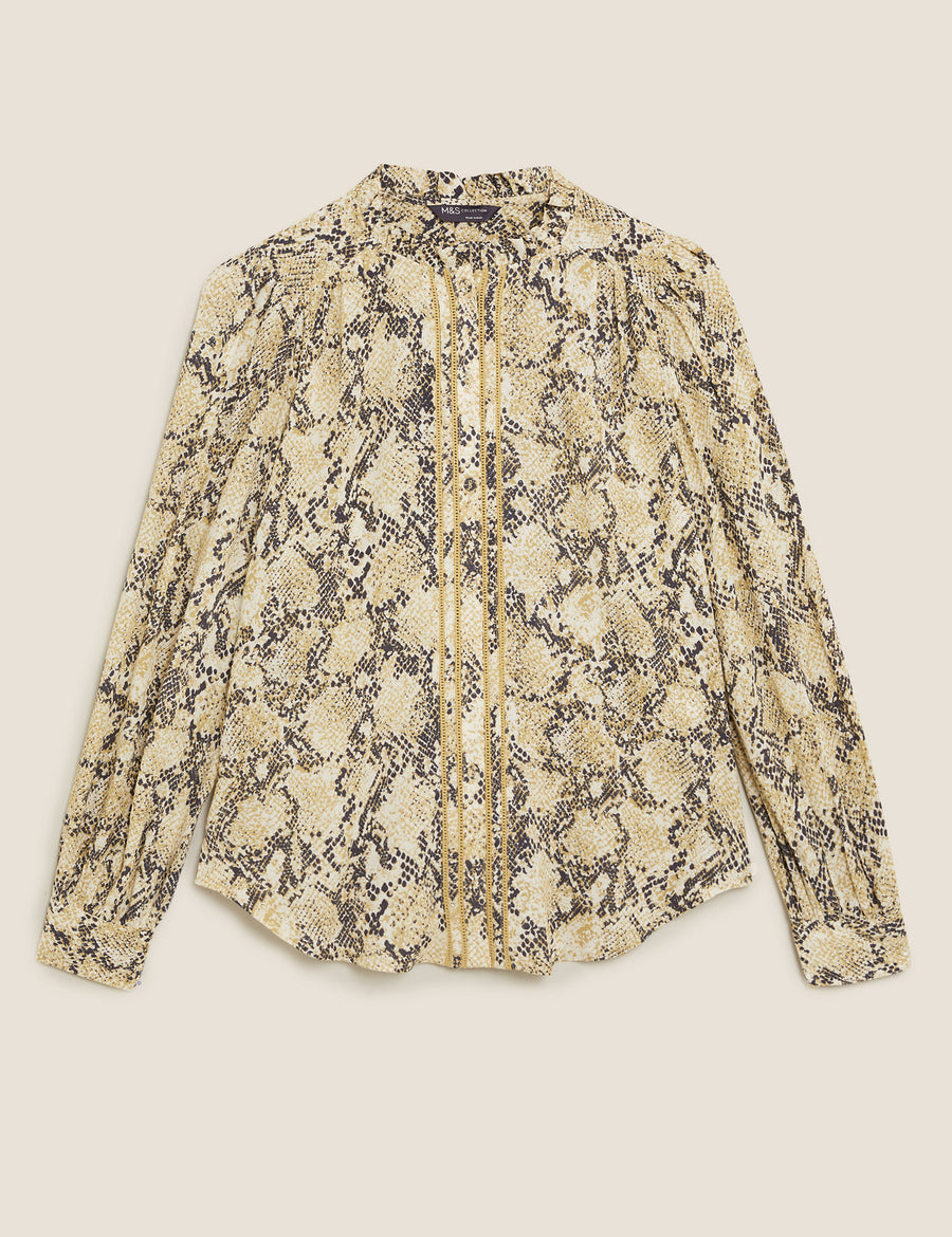 Printed Frill Neck Long Sleeve Blouse