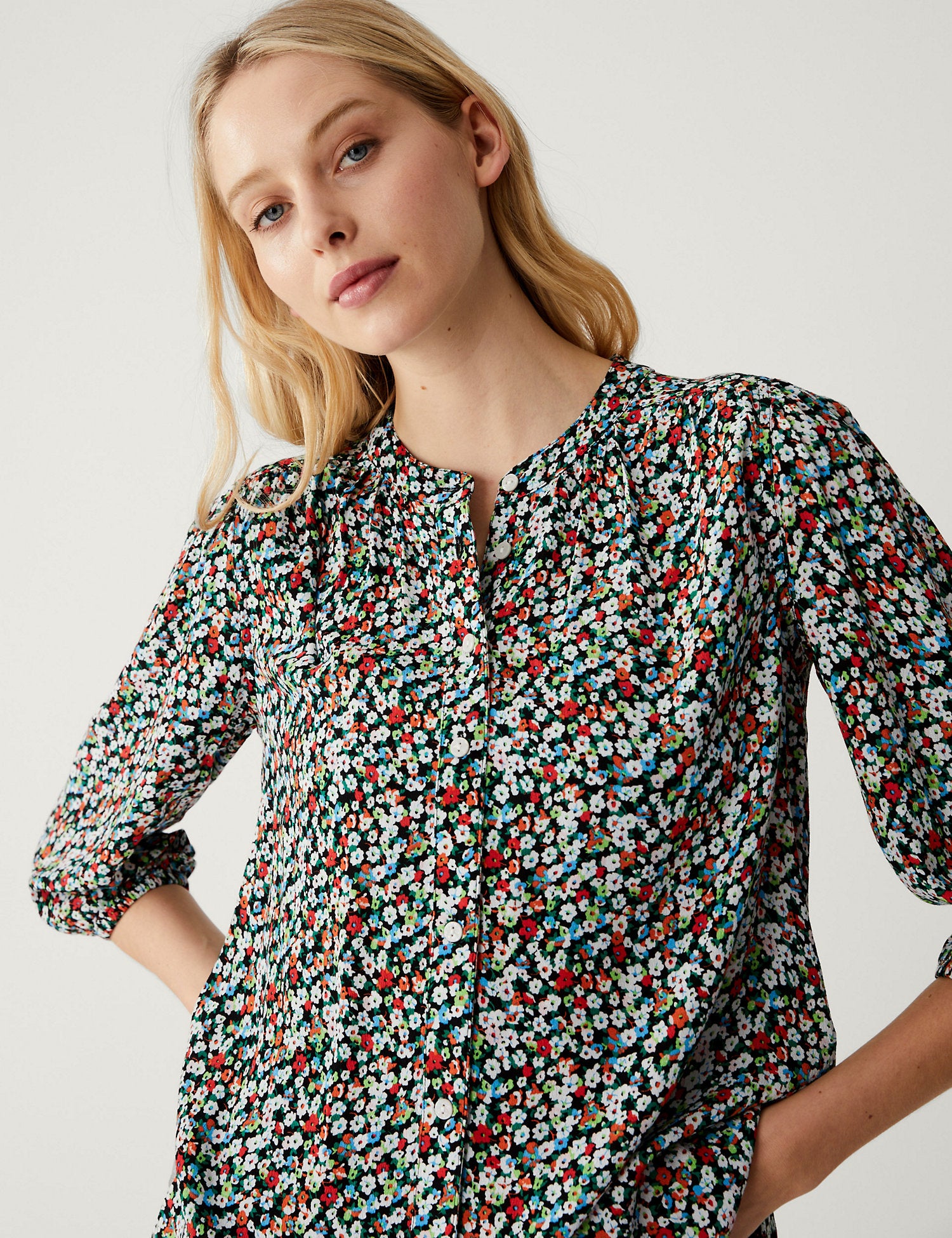 Floral Button Detail 3/4 Sleeve Blouse