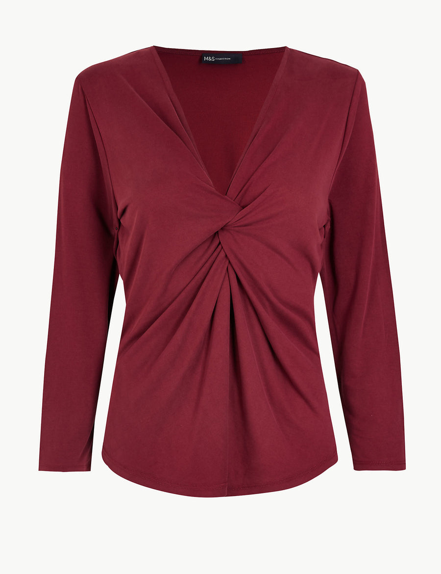 Twisted Front V-Neck Fitted Long Sleeve Top
