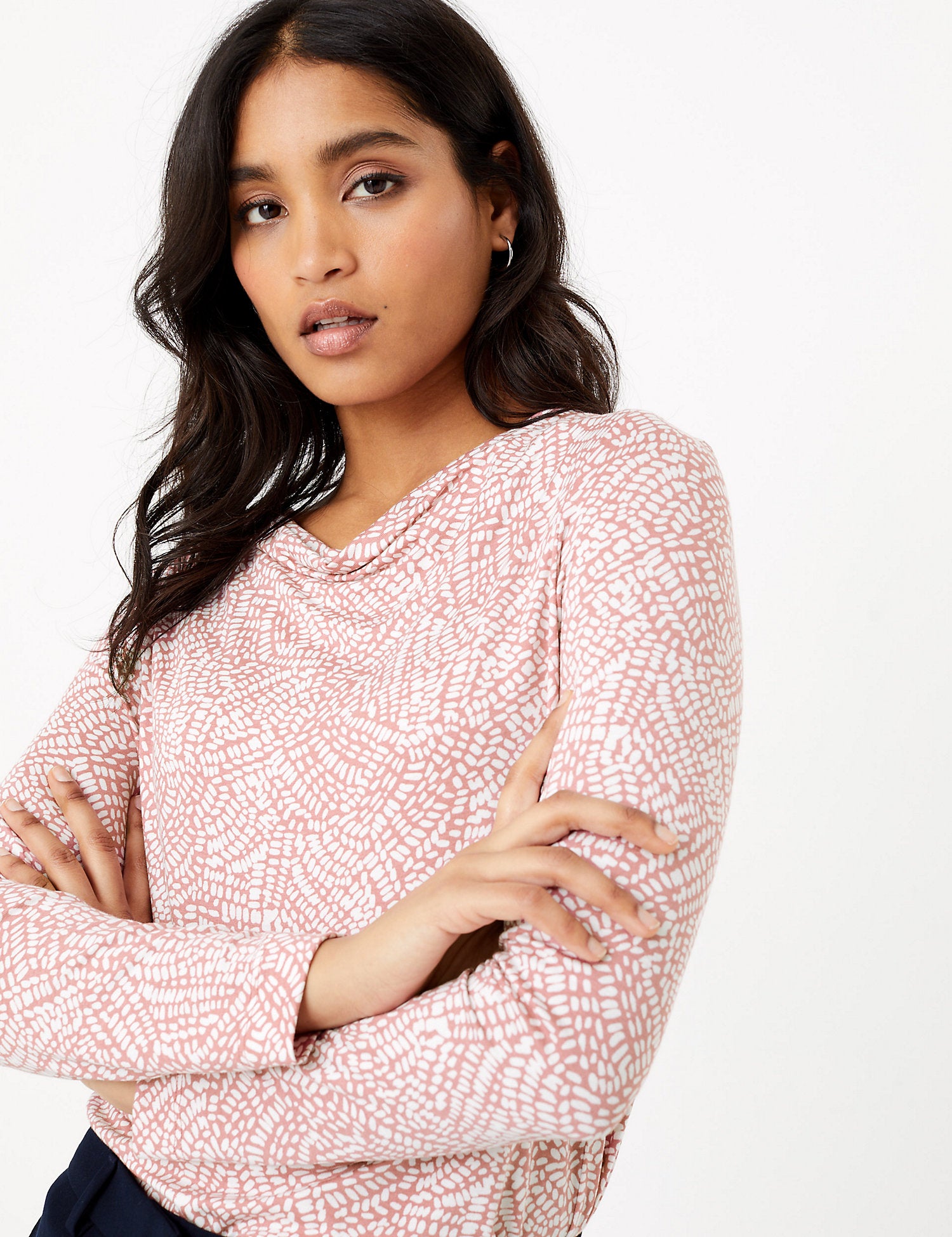 Printed Cowl Neck Long Sleeve Top