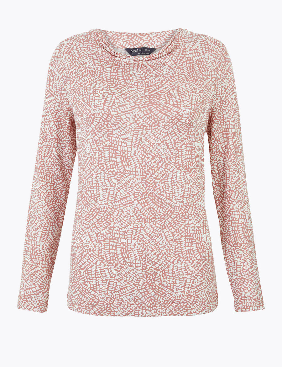 Printed Cowl Neck Long Sleeve Top