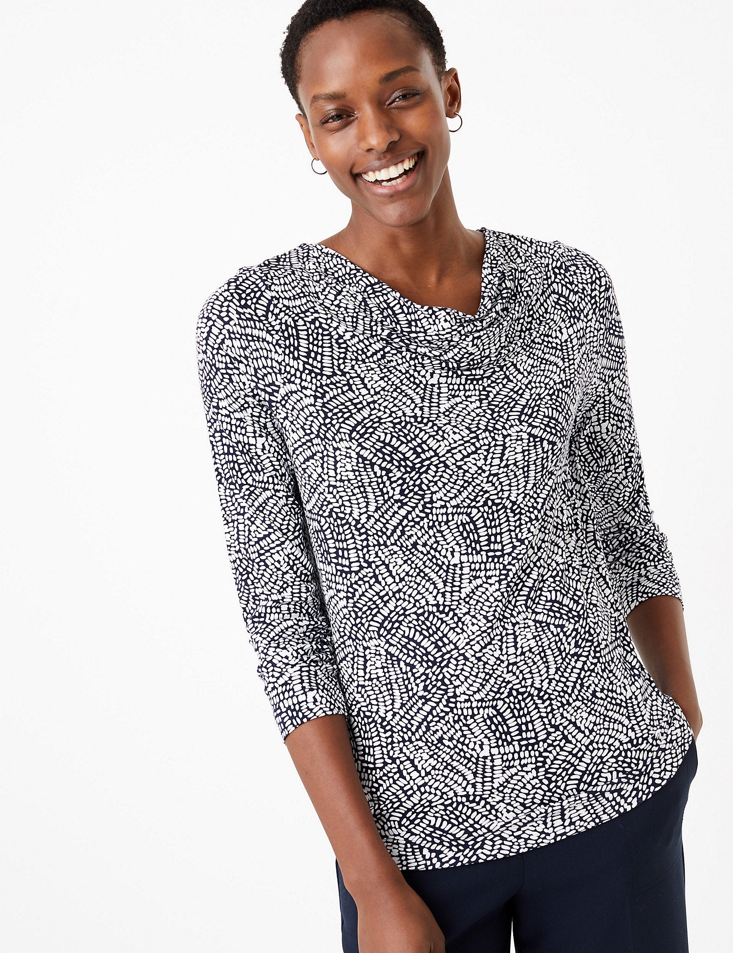 Printed Cowl Neck Long Sleeve Top