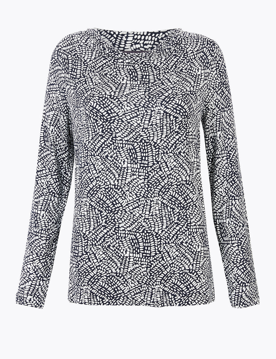 Printed Cowl Neck Long Sleeve Top