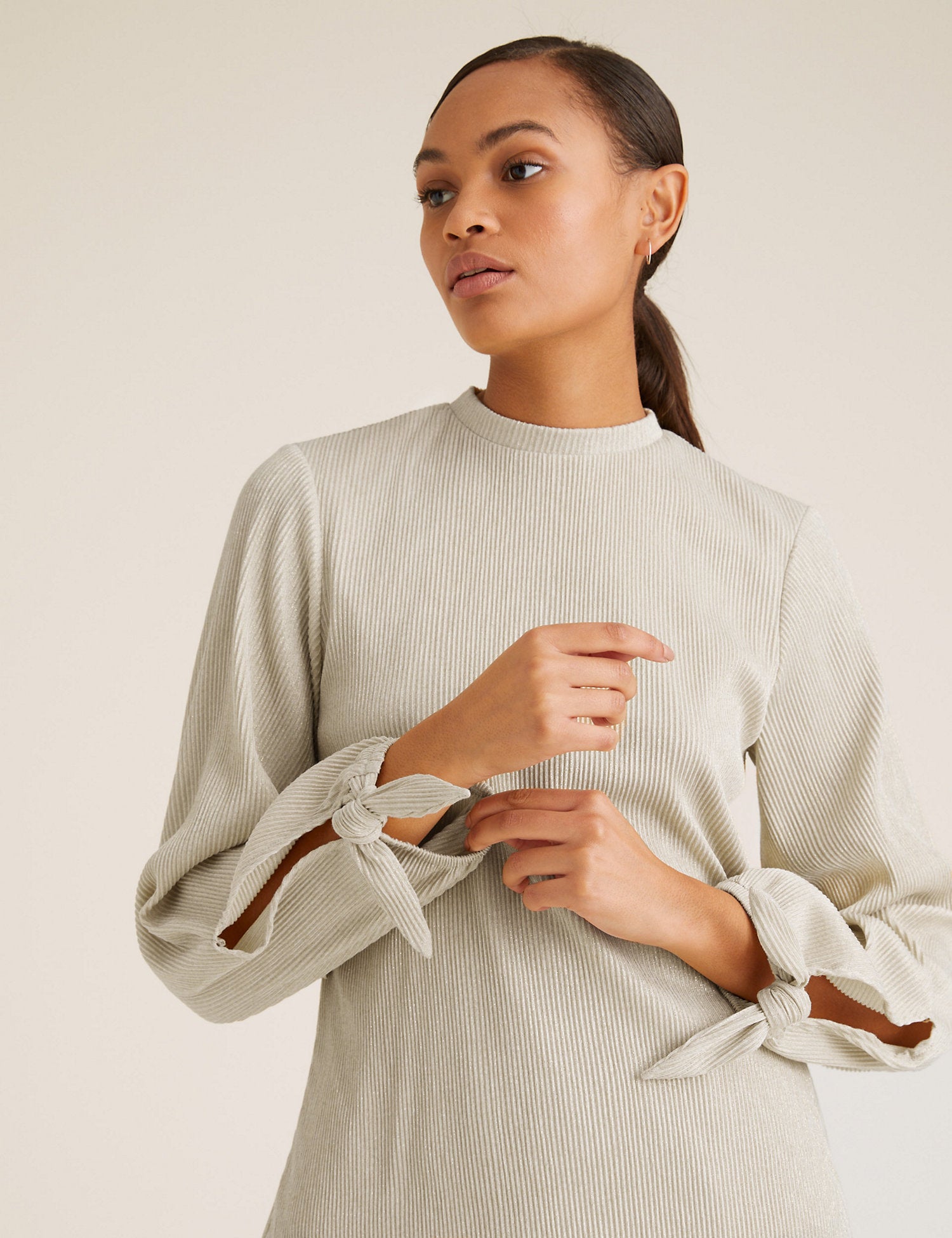 Plisse High Neck Long Sleeve Top