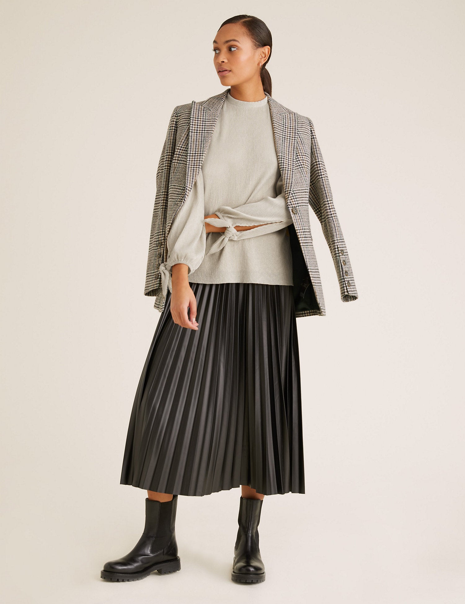 Plisse High Neck Long Sleeve Top