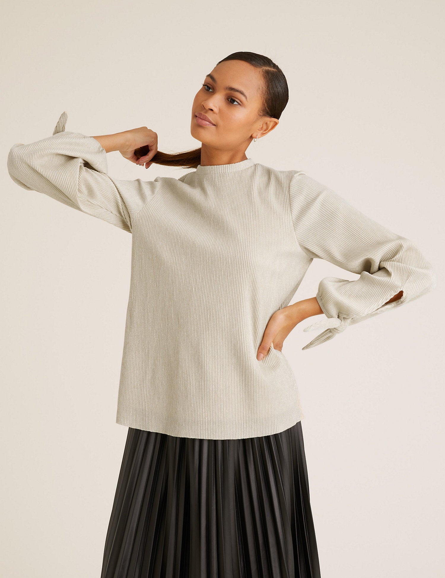Plisse High Neck Long Sleeve Top