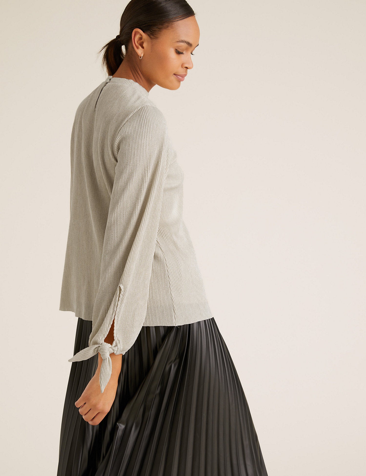 Plisse High Neck Long Sleeve Top