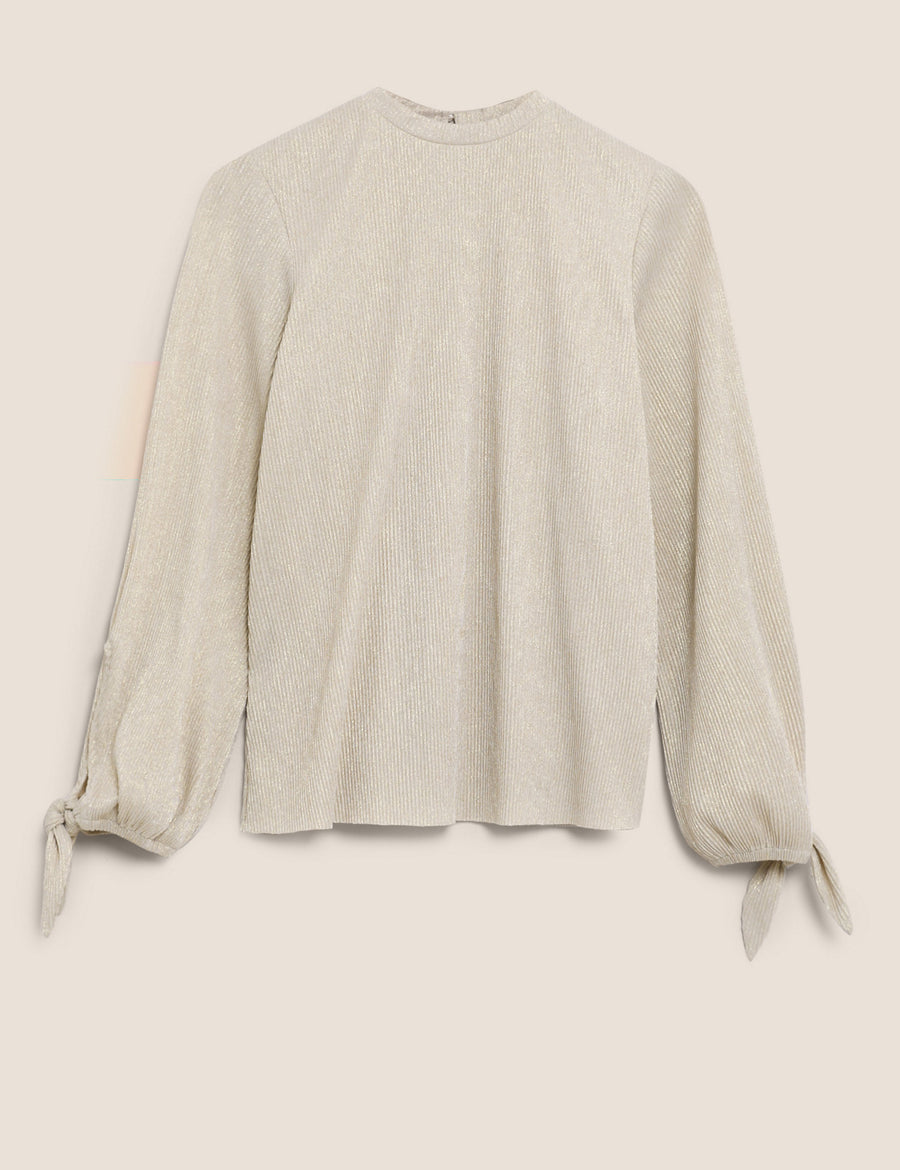 Plisse High Neck Long Sleeve Top