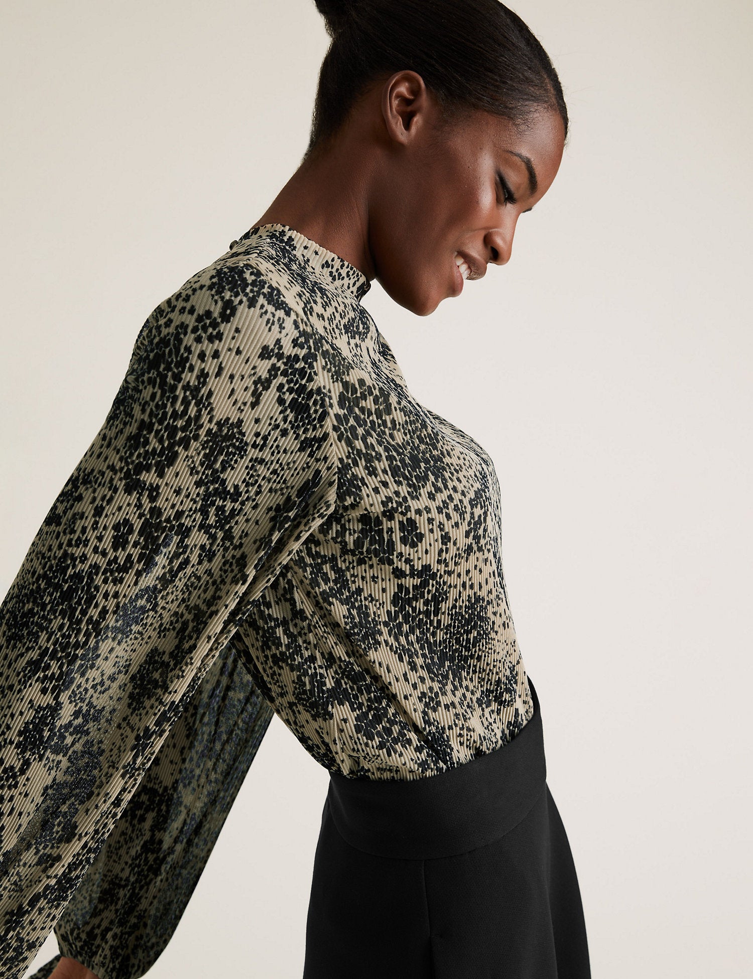 Printed Plisse Long Sleeve Top