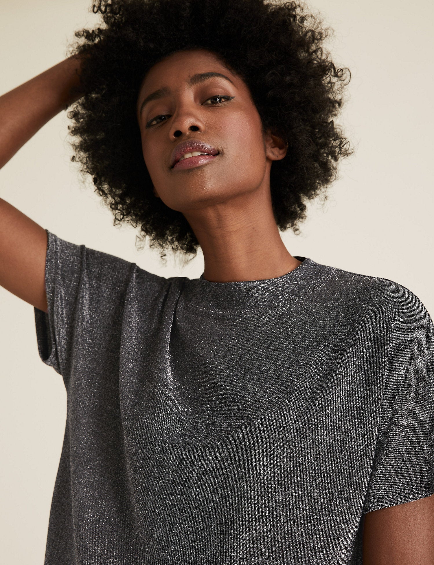 Shimmer High Neck Relaxed Short Sleeve Top