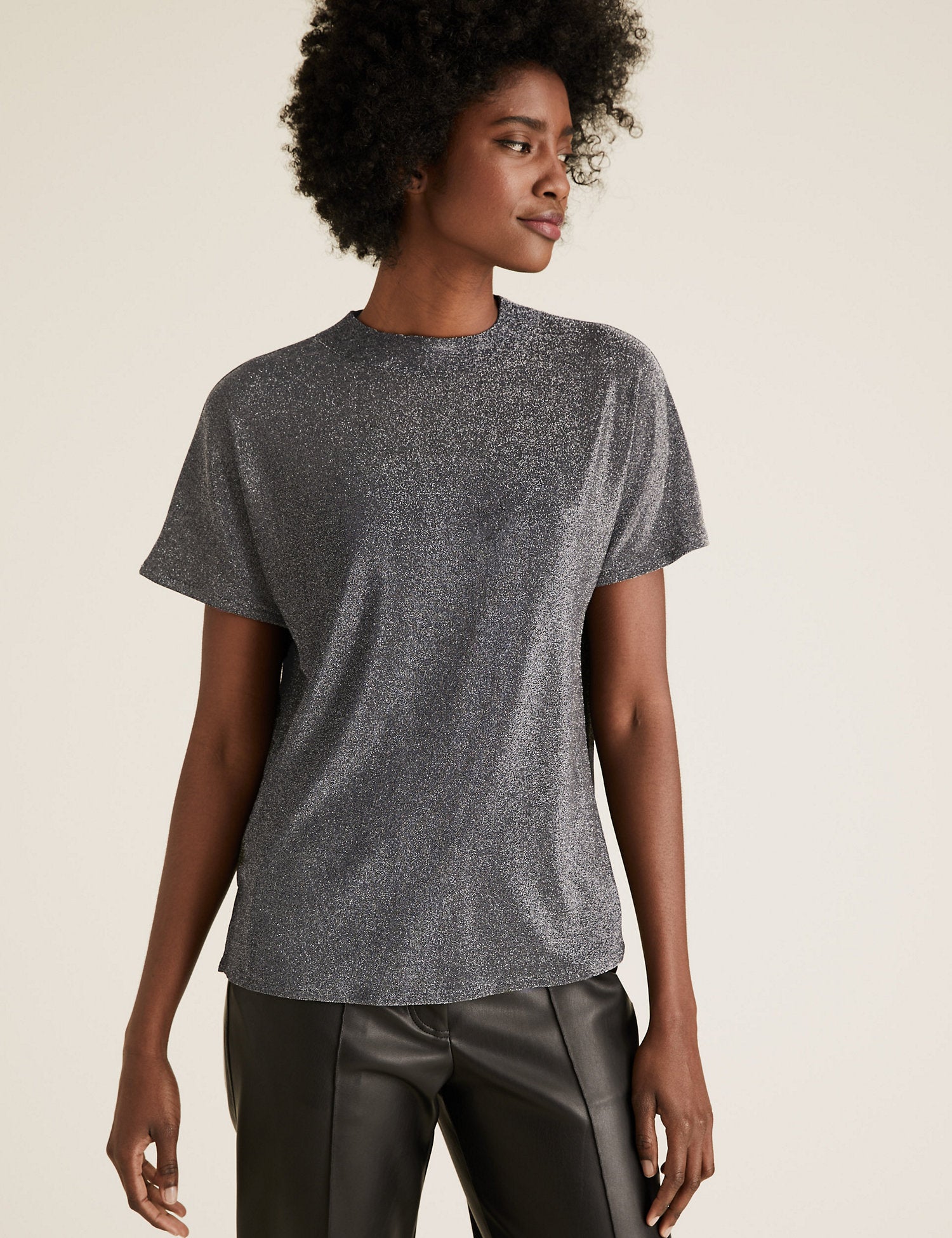 Shimmer High Neck Relaxed Short Sleeve Top