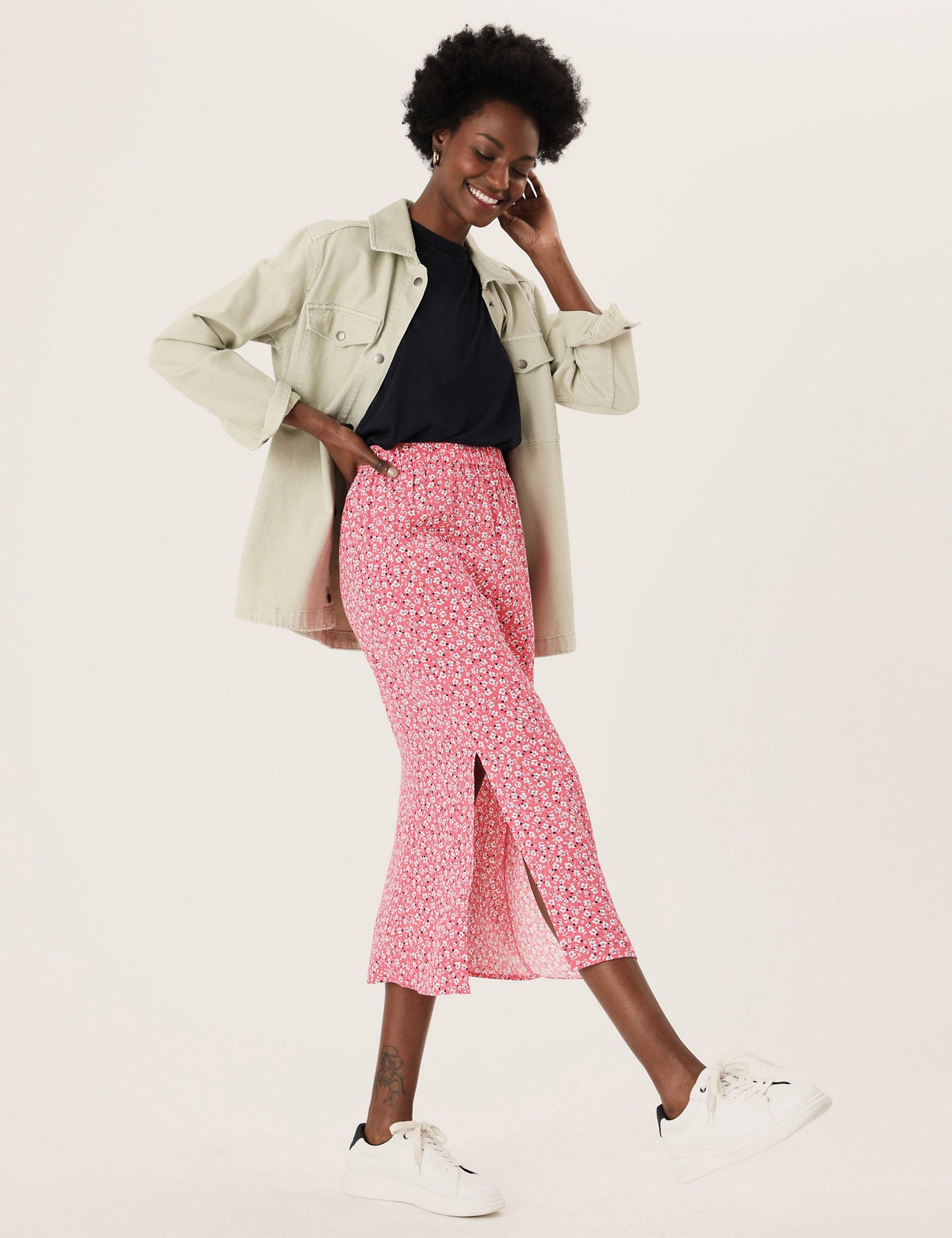 Ditsy Floral Side Split Midi Straight Skirt