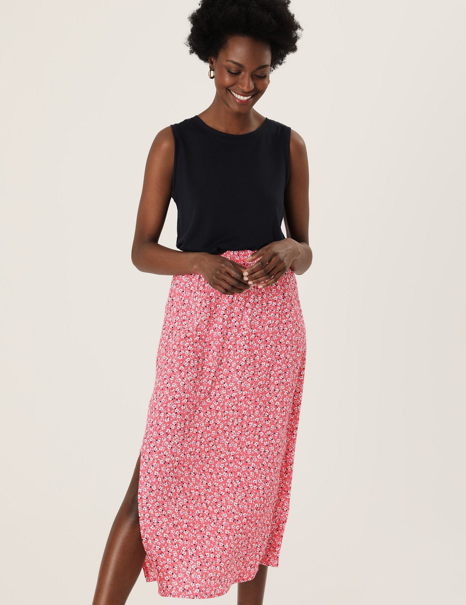 Ditsy Floral Side Split Midi Straight Skirt