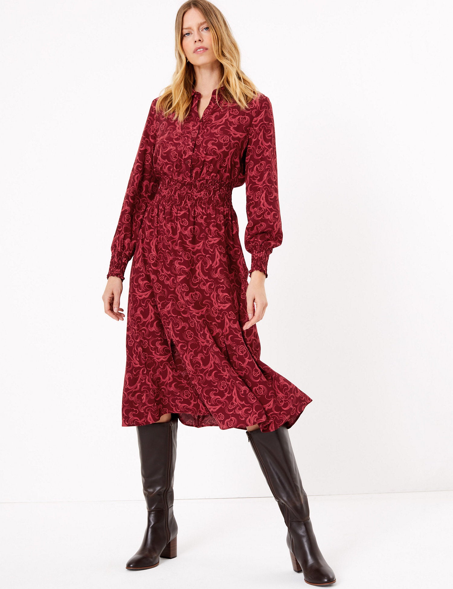 Swirl Print Waisted Midi Shirt Dress