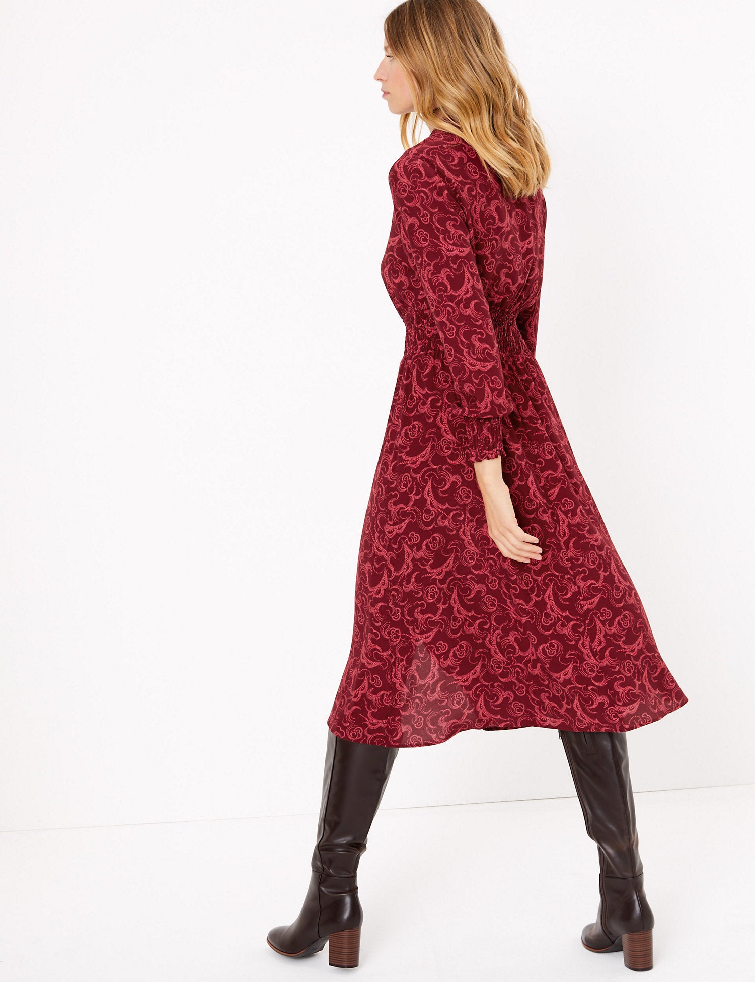 Swirl Print Waisted Midi Shirt Dress