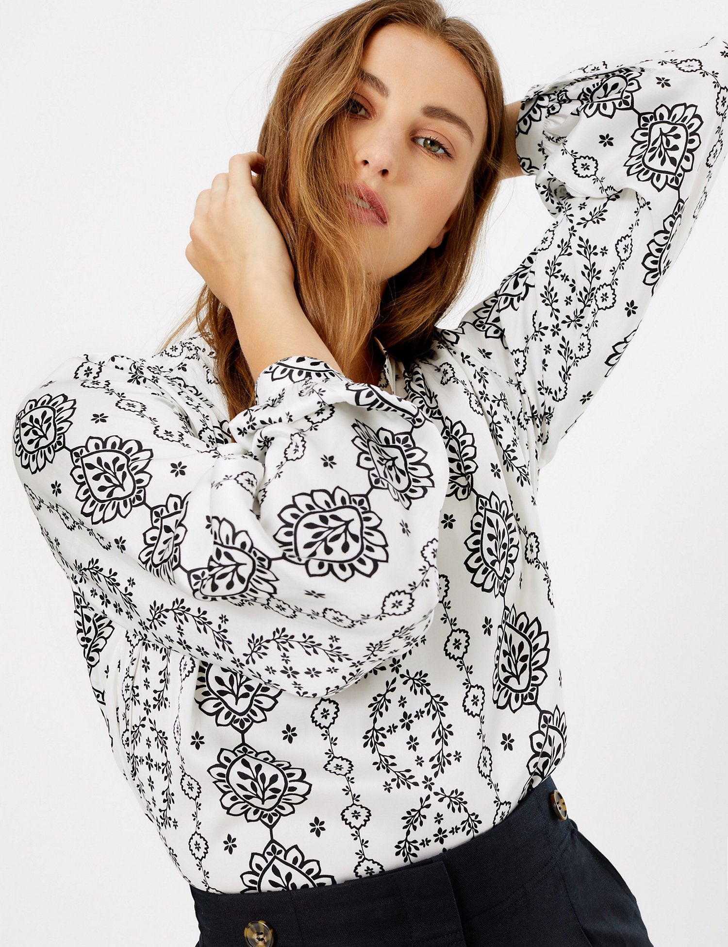 Washed Satin Printed Long Sleeve Blouse
