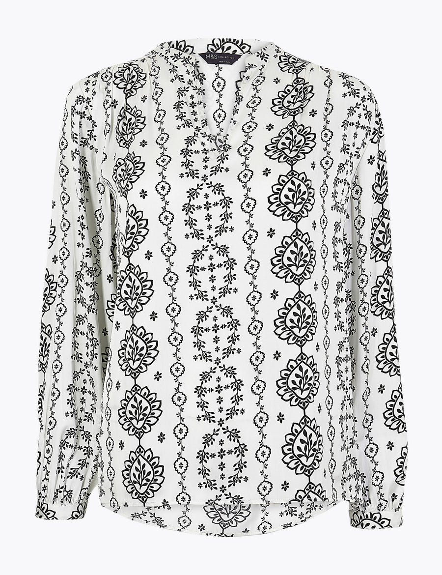 Washed Satin Printed Long Sleeve Blouse