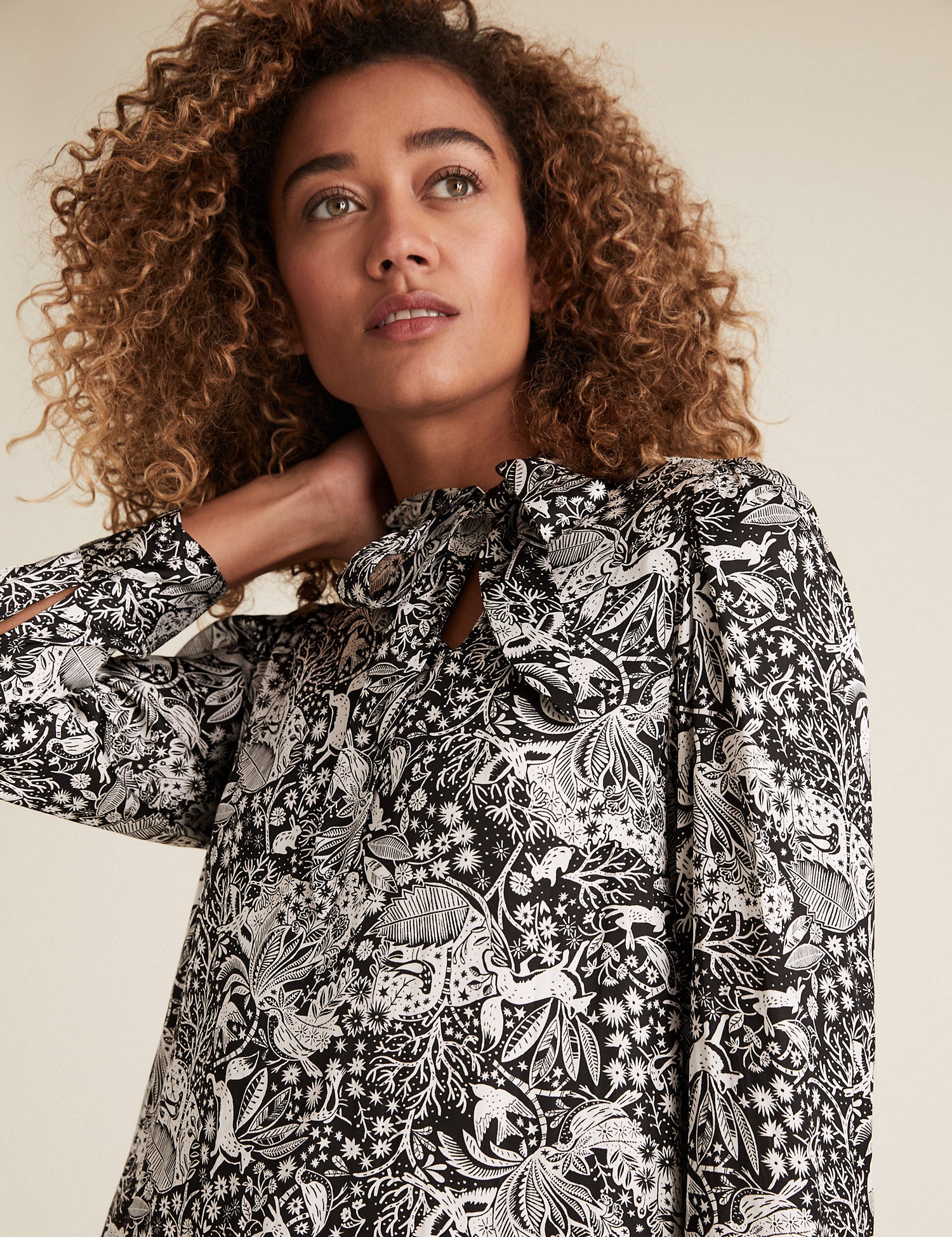 Satin Woodland Print Tie Neck Blouse