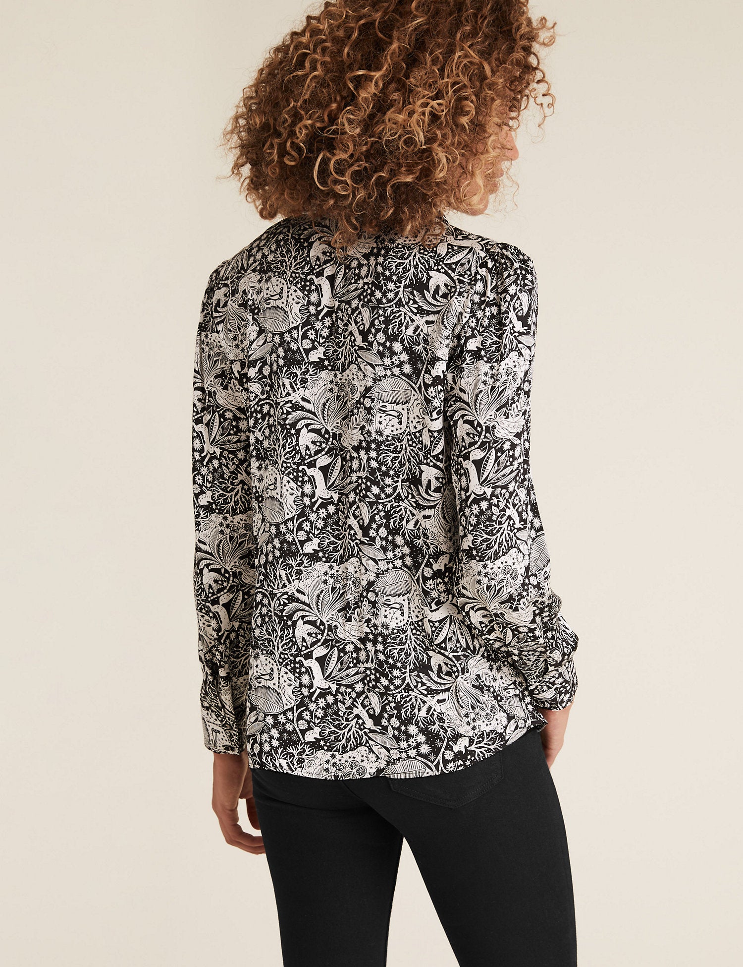 Satin Woodland Print Tie Neck Blouse