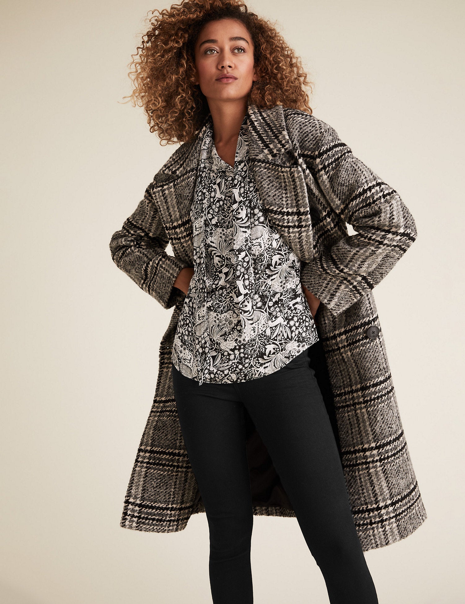 Satin Woodland Print Tie Neck Blouse